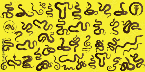 Snakes vector illustration on yellow background, Features various reptiles, including python, rattlesnake, cobra, anaconda, viper, boa constrictor, adder, garter snake, king cobra, black mamba photo