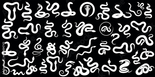 Snake vector illustration, white on black. Diverse styles: abstract, doodle, sketch, line art, silhouette, tribal. Ideal for tattoo, ethnic designs, apparel, home decor, stationery, web design. © Arafat