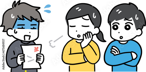 テストの点数が低かった男の子とがっかりする両親