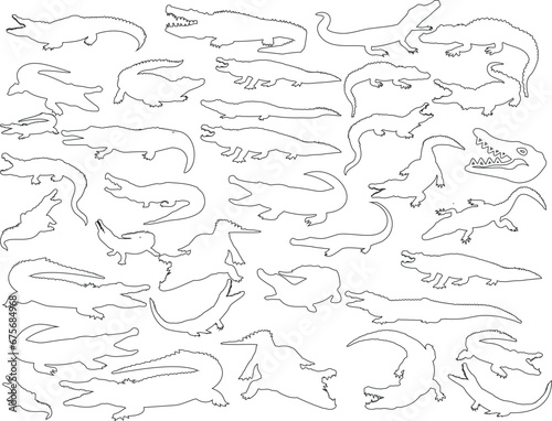 Crocodile, Alligator vector illustration, black and white outlines. Perfect for children’s books, coloring pages, educational materials. Features Nile, American, Chinese, freshwater, saltwater species