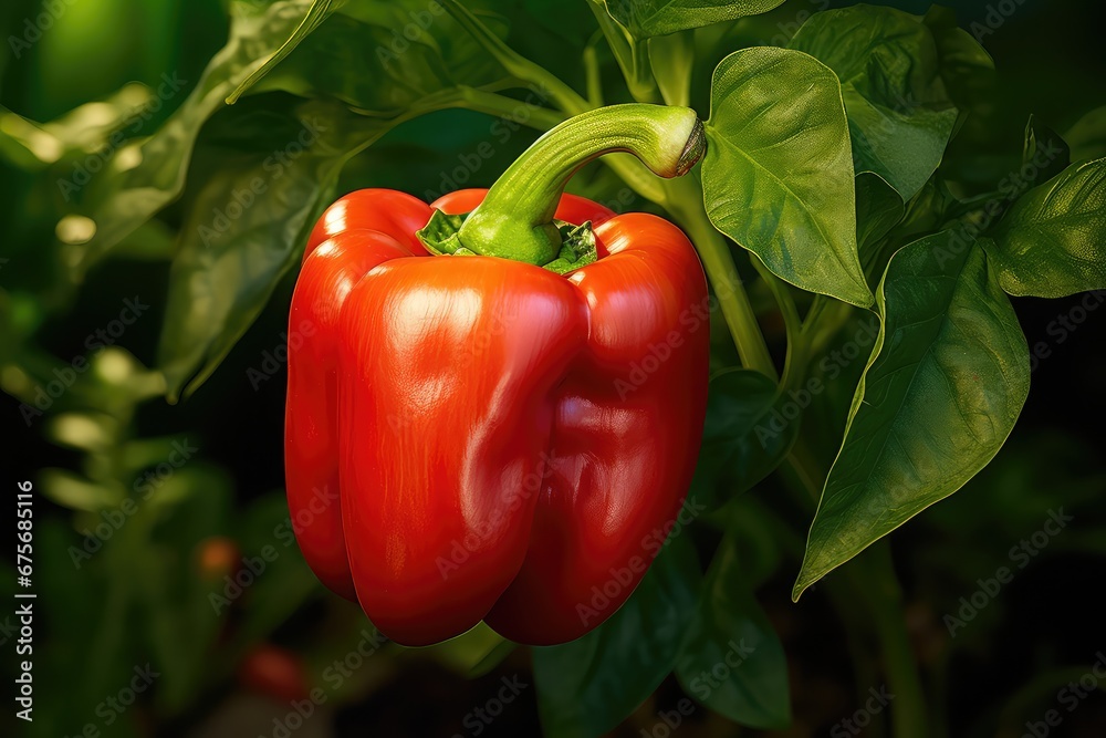 Red bell pepper growing on plant, generative ai Red bell pepper growing on plant, generative ai