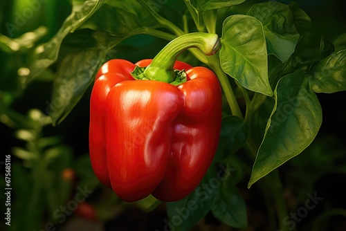 Red bell pepper growing on plant, generative ai