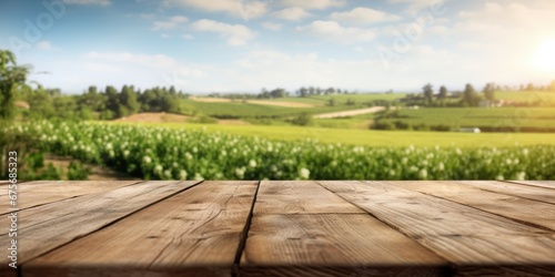The empty wooden brown table top with blur background of farmland and blue sky. Exuberant image. generative ai