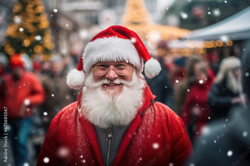 Portrait of happy Santa claus surrounded by blurred people celebrating christmas in modern city. Xmas Happy new year. Portrait of happy Santa claus surrounded by blurred people celebrating christmas in modern city. Xmas Happy new year.