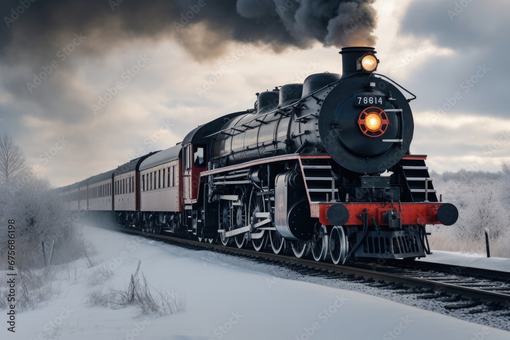 Fototapeta premium Old style locomotive with steam engine on a winter landscape