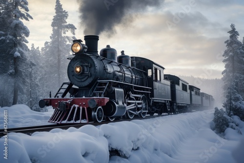 Old style locomotive with steam engine on a winter landscape