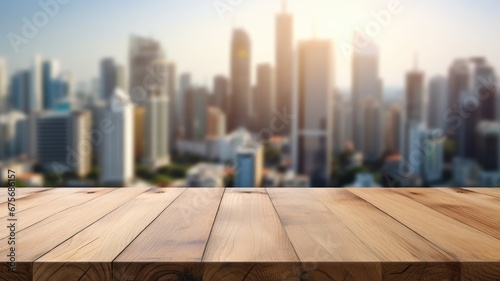 The empty wooden table top with blur background of downtown business district. Exuberant image. generative AI