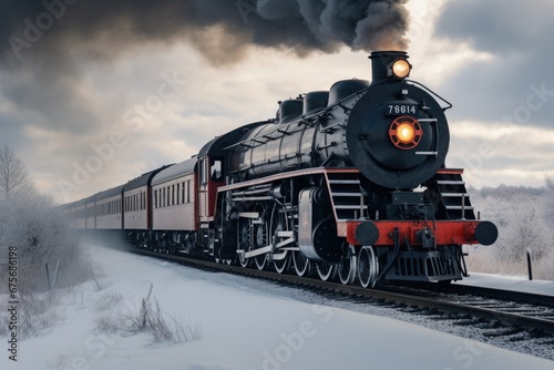 Old style locomotive with steam engine on a winter landscape