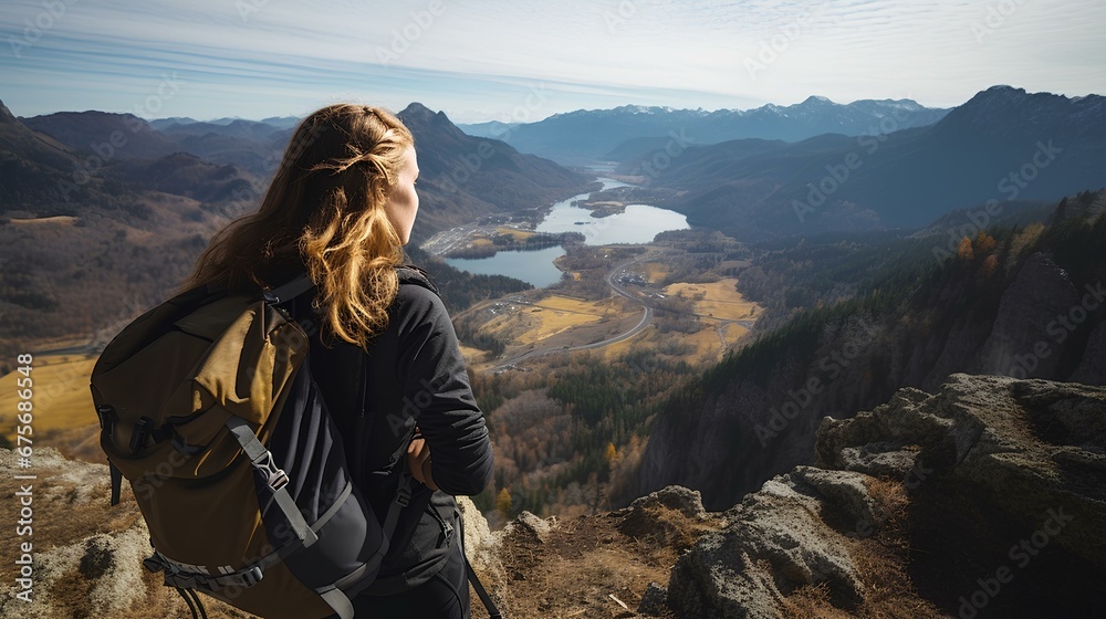 Young Woman with Backpack Overlooking a Valley from a Mountain Peak. generative AI