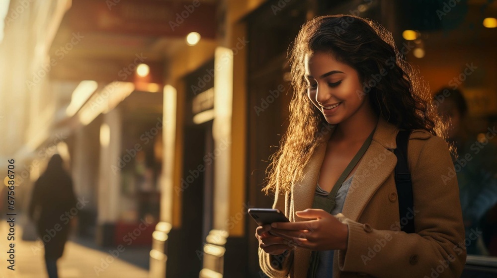 Young smiling Indian woman walking in the city, woman holding a bank credit card and phone, tourist making online booking of accommodation and booking tourist services while walking in the city photog - obrazy, fototapety, plakaty 