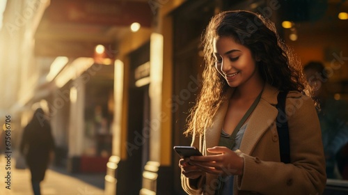 Young smiling Indian woman walking in the city, woman holding a bank credit card and phone, tourist making online booking of accommodation and booking tourist services while walking in the city photog