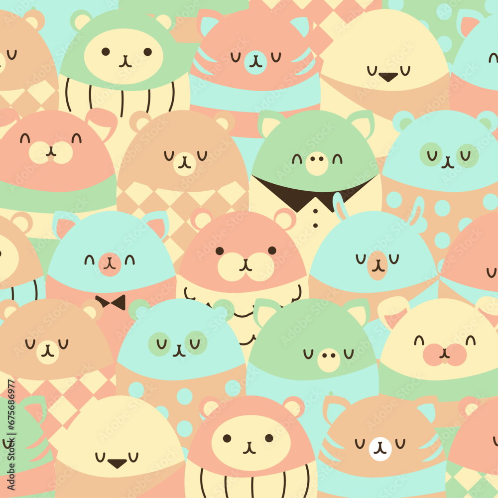 Fototapeta premium Illustration of cute round animals in pattern: cat, dog, piggy, monkey, bird, bear, panda