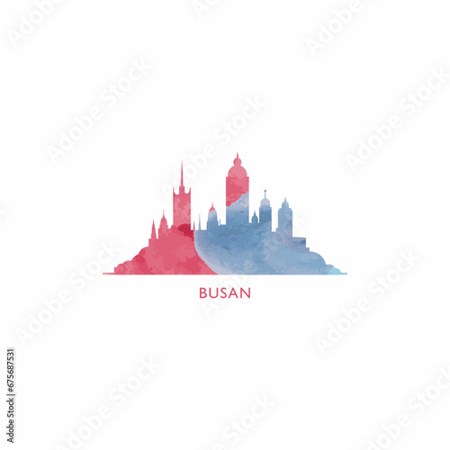 Busan watercolor cityscape skyline city panorama vector flat modern logo, icon. South Korea megapolis emblem concept with landmarks and building silhouettes. Isolated graphic