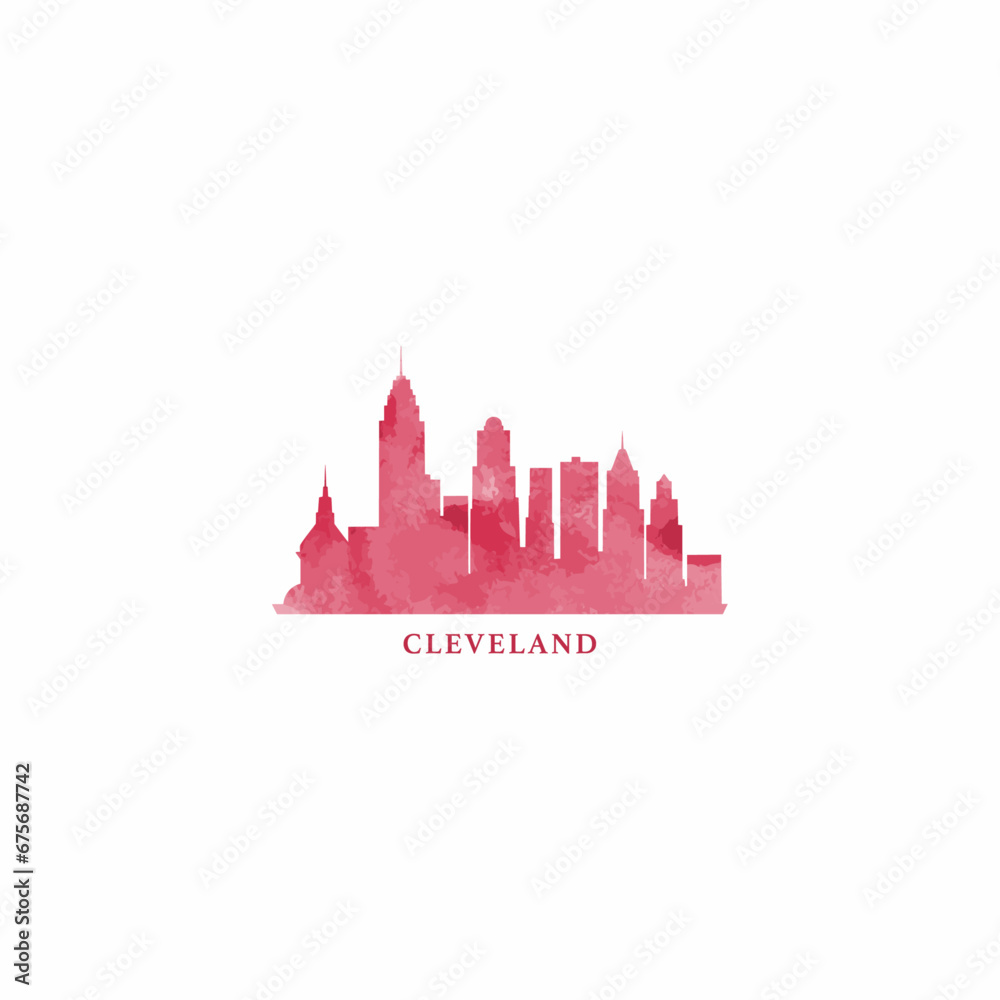 Naklejka premium Cleveland city US watercolor cityscape skyline panorama vector flat modern logo icon. USA, Ohio state of America emblem with landmarks and building silhouettes. Isolated red graphic