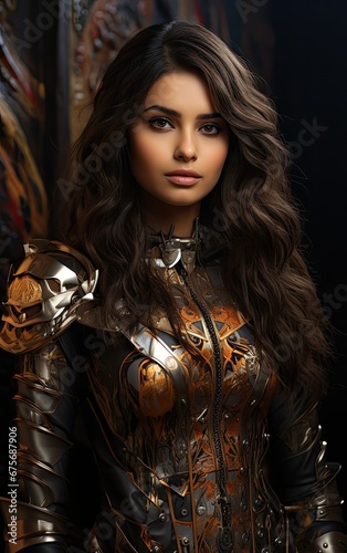 A stunning portrait of a beautiful young woman wearing a battle suit  ready for action. Perfect for military-themed designs and illustrations