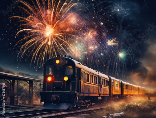 A picture of a train running on the tracks, at night with a view of fireworks and the sky.