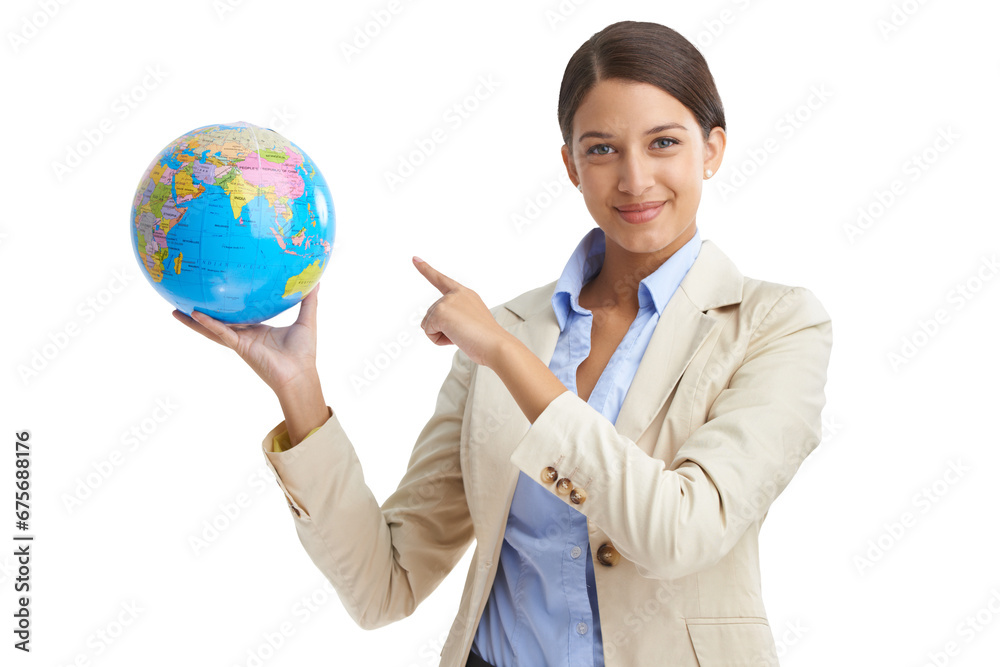 Business woman, globe and earth presentation for worldwide or international company in portrait. Professional worker pointing to map for geography and travel information on transparent png background Business woman, globe and earth presentation for worldwide or international company in portrait. Professional worker pointing to map for geography and travel information on transparent png background