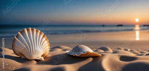 Seashells in the sand on a picturesque beach, with a sunset over the horizon.