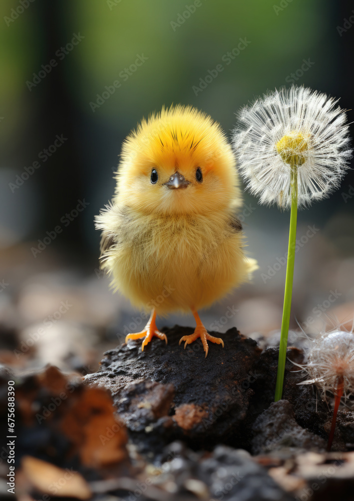 small cute fluffy yellow chicken, bird, Easter symbol, spring, nature, postcard, animal, grass, pet, chick, baby, beak, feathers, close-up, tousled, beauty, rustic, farm, flower, dandelion