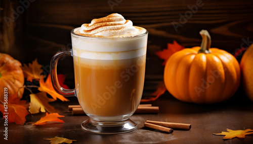 pumpkin latte with cinnamon and pumpkin on a dark background