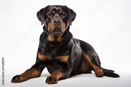 Photo of a regal Rottweiler with its distinctive markings against a spotless white background. Generative AI