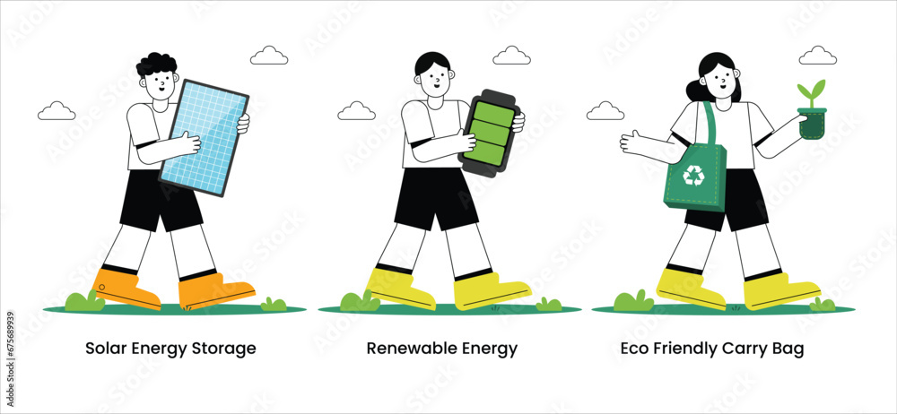 Ecology illustration with sustainable
transportation and garbage cleaning. vector illustration
