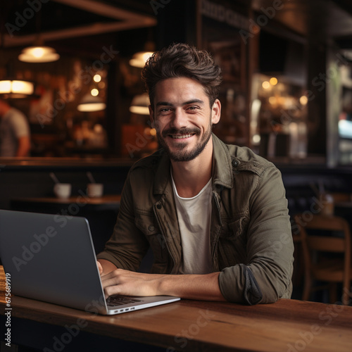 Portrait of a smiling young man using laptop while sitting in cafe,Generative AI