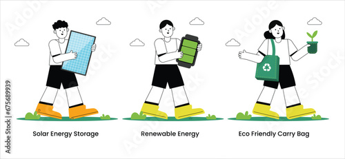 Ecology illustration with sustainable
transportation and garbage cleaning. vector illustration