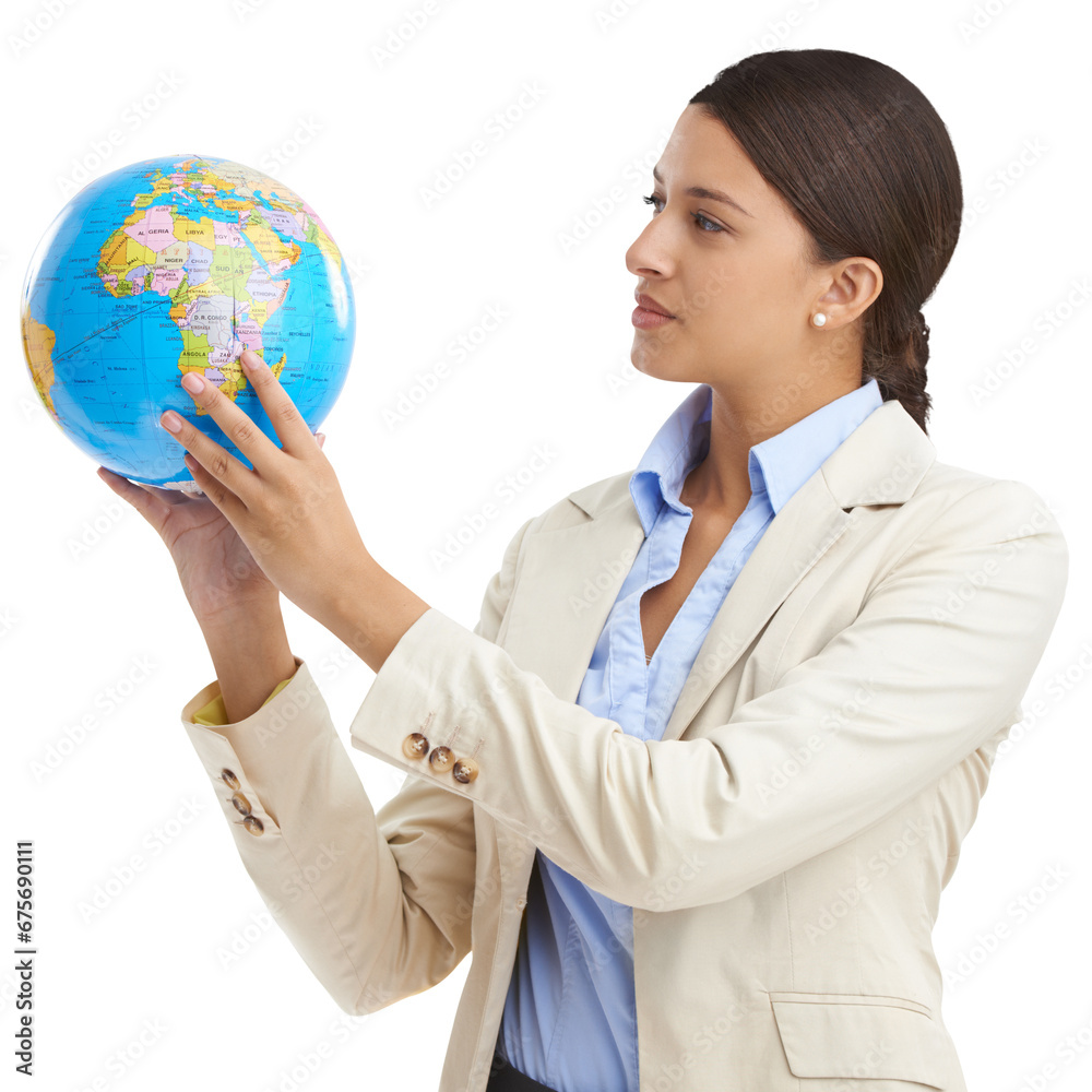 Woman, thinking and globe for international business, global and isolated on transparent png background. Professional, businesswoman and worker with corporate wear for company, job and confidence