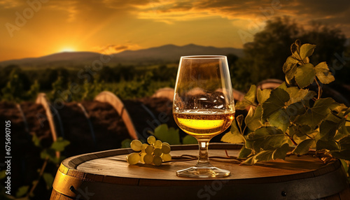 a glass of wine on a wooden barrel in front of a vineyard