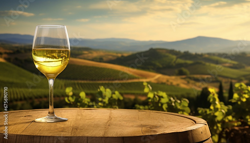 a glass of wine on a wooden barrel in front of a vineyard