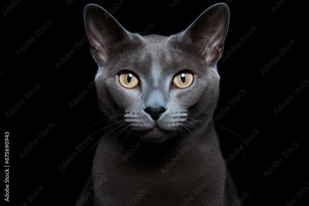 Photo of a sleek Russian Blue cat with its striking gray coat against a clean white background. Generative AI