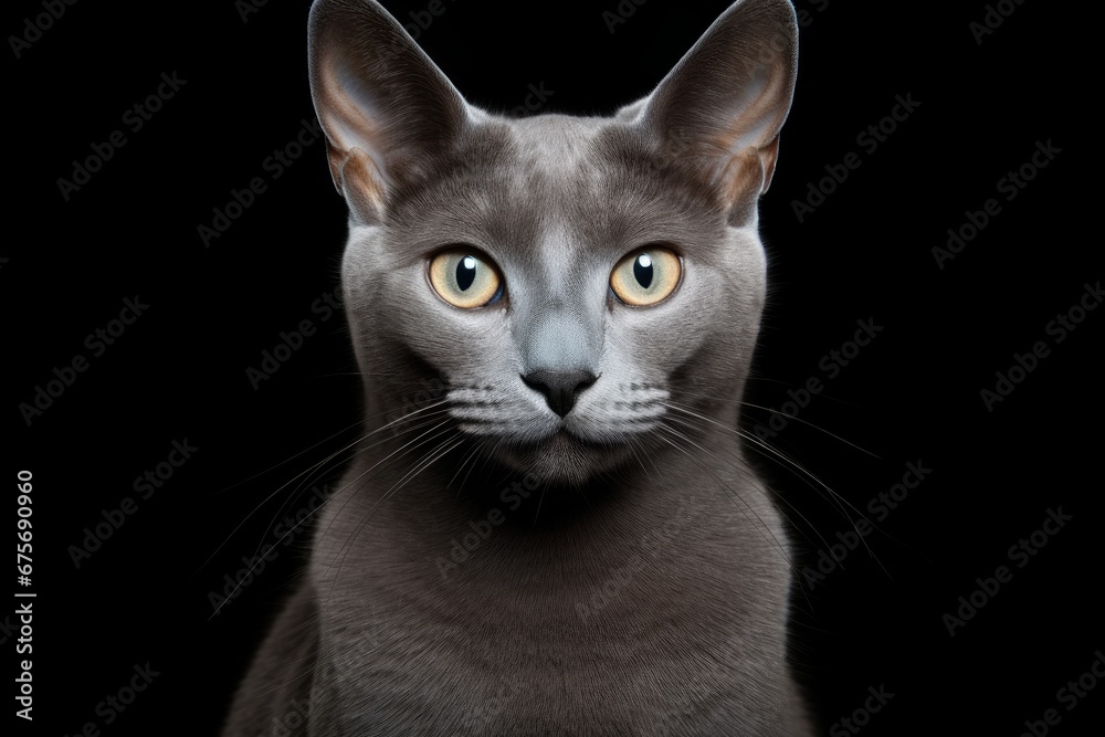 Photo of a sleek Russian Blue cat with its striking gray coat against a clean white background. Generative AI