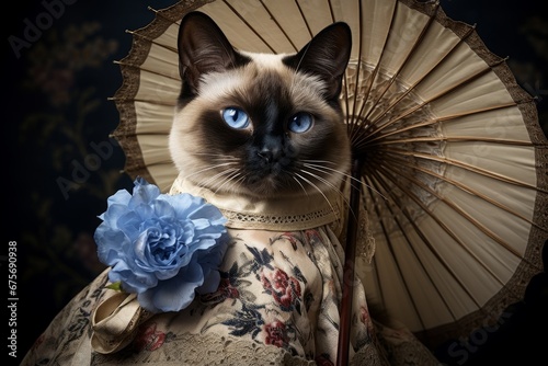 Photo of a Siamese cat with an elaborate, Victorian-style dress and a paraso. Generative AI photo