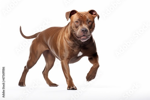 Foto Photo of a spirited Staffordshire Bull Terrier in a dynamic stance on a spotless white background