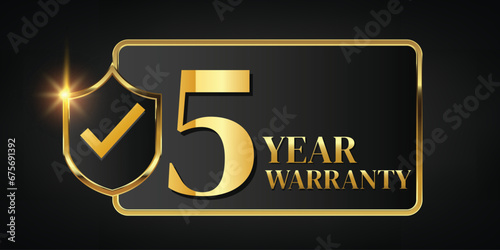5 year warranty logo with golden banner and golden ribbon.Vector illustration.