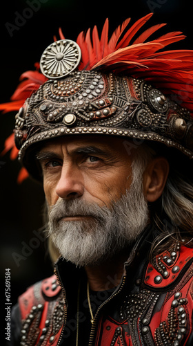 Elderly Man with Ornate Tribal Headdress