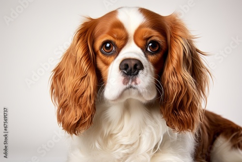 Photo of a sweet Cavalier King Charles Spaniel with soulful eyes on a clean white backdrop. Generative AI