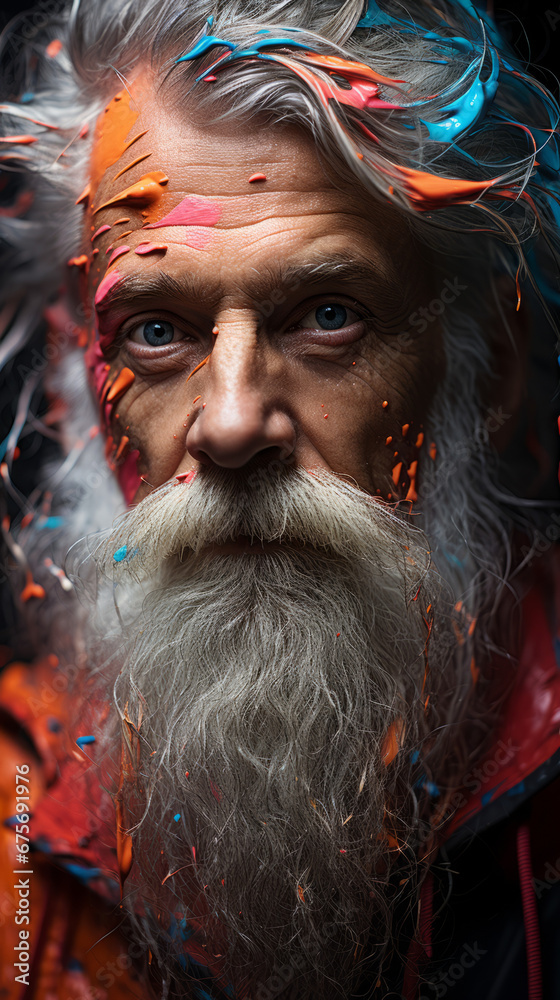 Elderly Man with Colorful Face Paint and Intense Gaze

