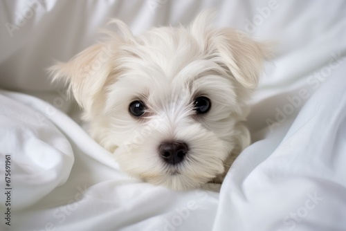 Photo of a sweet Maltese puppy with a charming demeanor on a clean white sheet. Generative AI