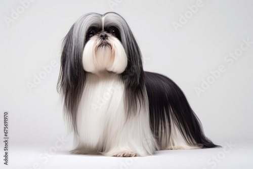 Photo of a sweet Shih Tzu with its long, silky coat against a clean white surface. Generative AI