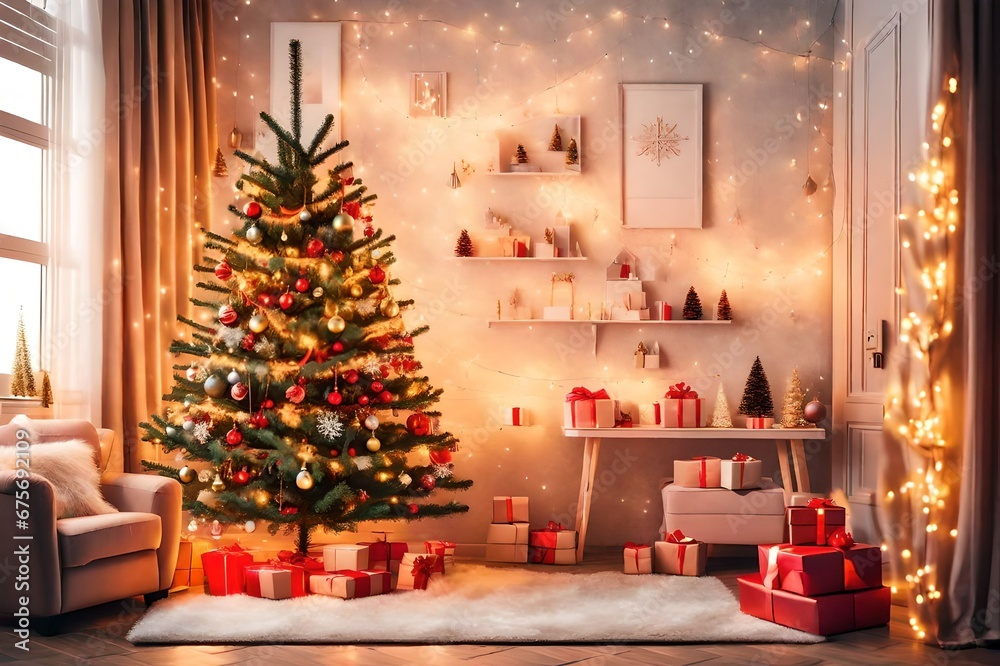 Bright glowing Christmas tree in living room in evening. Christmas tree with lights glowing garlands and gifts. Festive interior design room Bright glowing Christmas tree in living room in evening. Christmas tree with lights glowing garlands and gifts. Festive interior design room