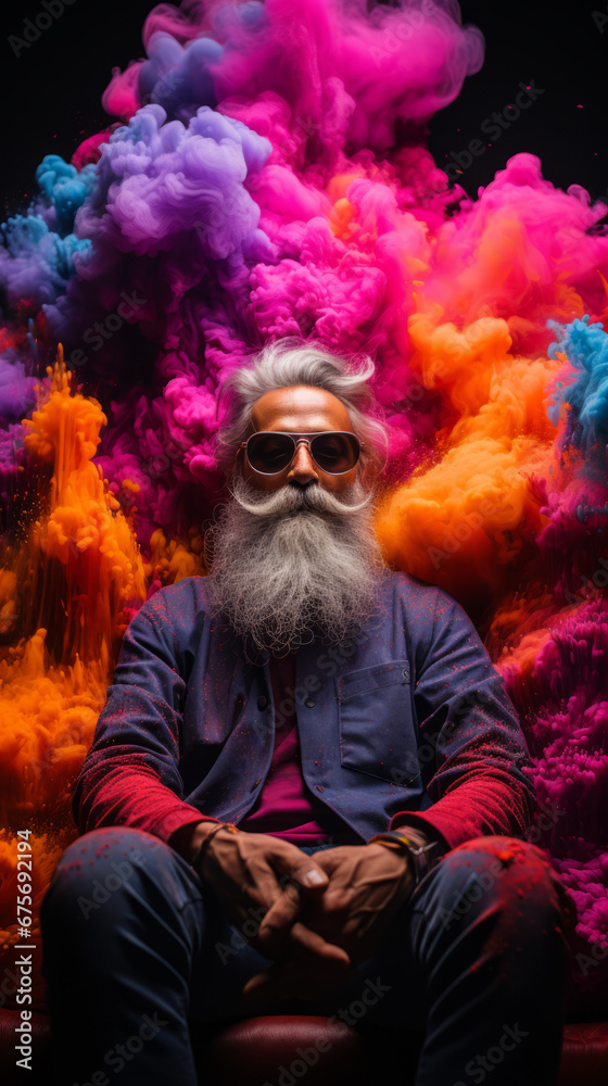 Fashionable Bearded Man with Colorful Smoke Background

