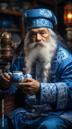 Elderly Man in Traditional Blue Asian Attire Drinking Tea

