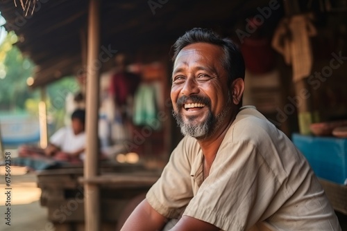 Portrait of an Indian man sitting on a wooden bench and smiling. photo