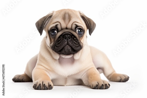 Photo of an adorable Pug puppy with wrinkled skin sitting on a pure white surface. Generative AI © Aditya