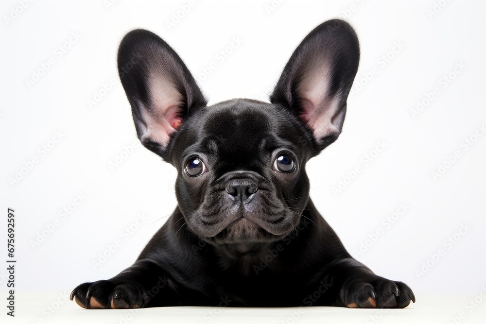 Photo of an adorable French Bulldog with its signature bat-like ears on a clean white surface. Generative AI