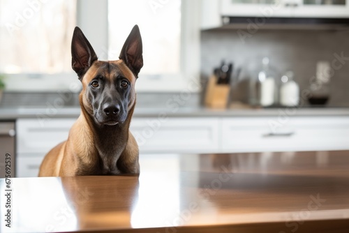 Photo of a vigilant Belgian Malinois in a watchful pose against a clean white countertop. Generative AI photo