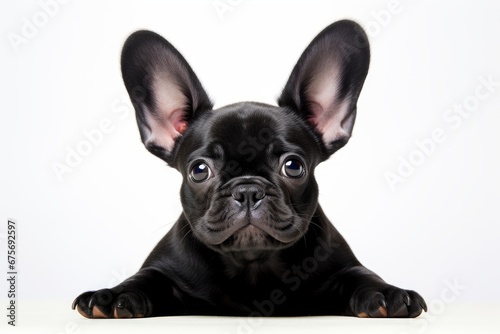 Photo of an adorable French Bulldog with its signature bat-like ears on a clean white surface. Generative AI © Aditya