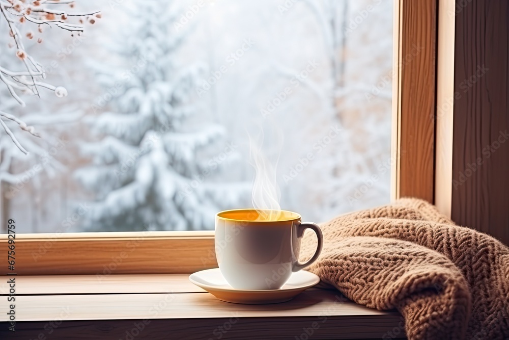 Cup of coffee on the windowsill with knitted scarf on the background of the winter forest. ai generative Cup of coffee on the windowsill with knitted scarf on the background of the winter forest. ai generative